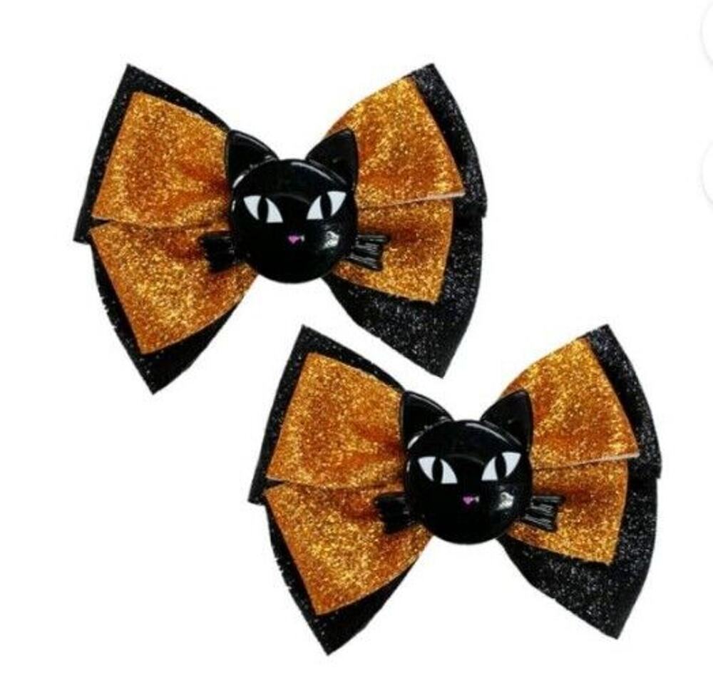 5/$20 NEW Novelty Halloween Black Cat & Orange Bow 2 Hair Pins Clips